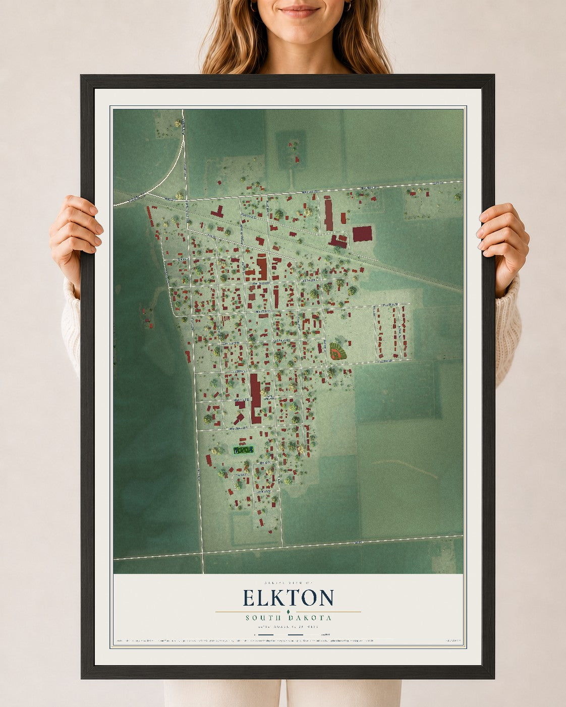 Map of Elkton, South Dakota, 24 x 36 inch print in a black wood frame