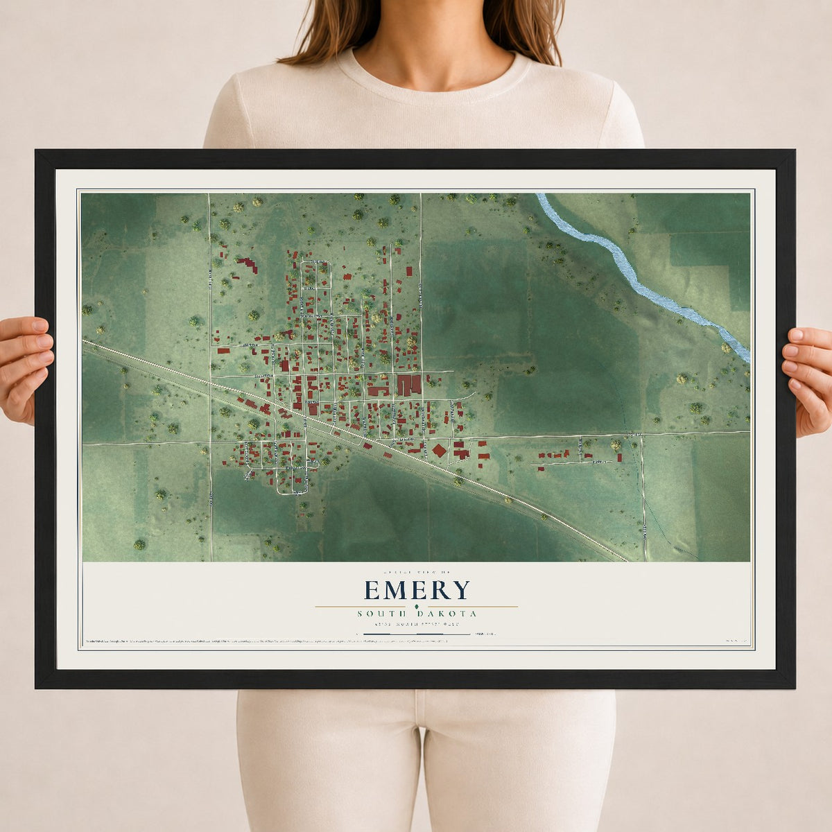 Map of Emery, South Dakota, 18 x 24 inch print in a black wood frame