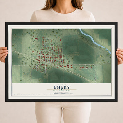 Map of Emery, South Dakota, 18 x 24 inch print in a black wood frame