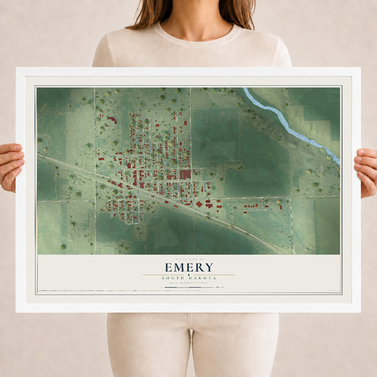Map of Emery, South Dakota, 18 x 24 inch print in a white wood frame