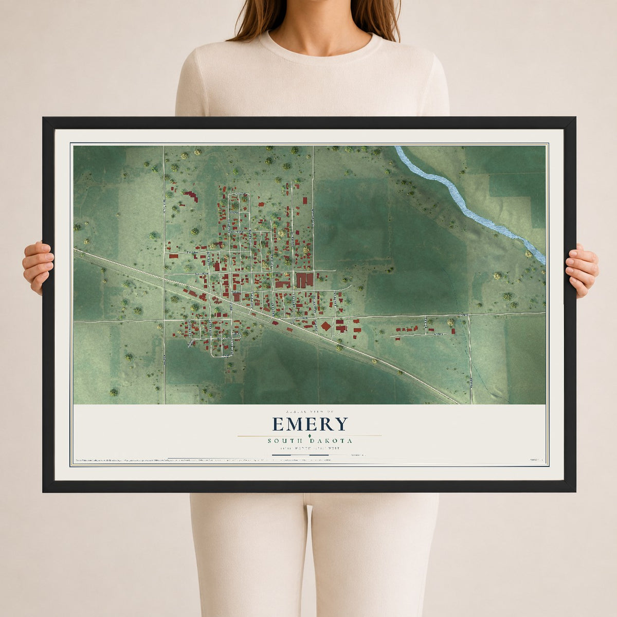 Map of Emery, South Dakota, 24 x 36 inch print in a black wood frame