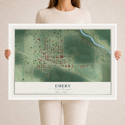 Map of Emery, South Dakota, 24 x 36 inch print in a white wood frame