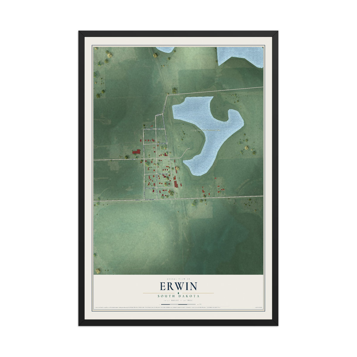 Map of Erwin, South Dakota, 12 x 18 inch print in a black wood frame