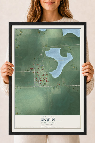 Map of Erwin, South Dakota, 18 x 24 inch print in a black wood frame