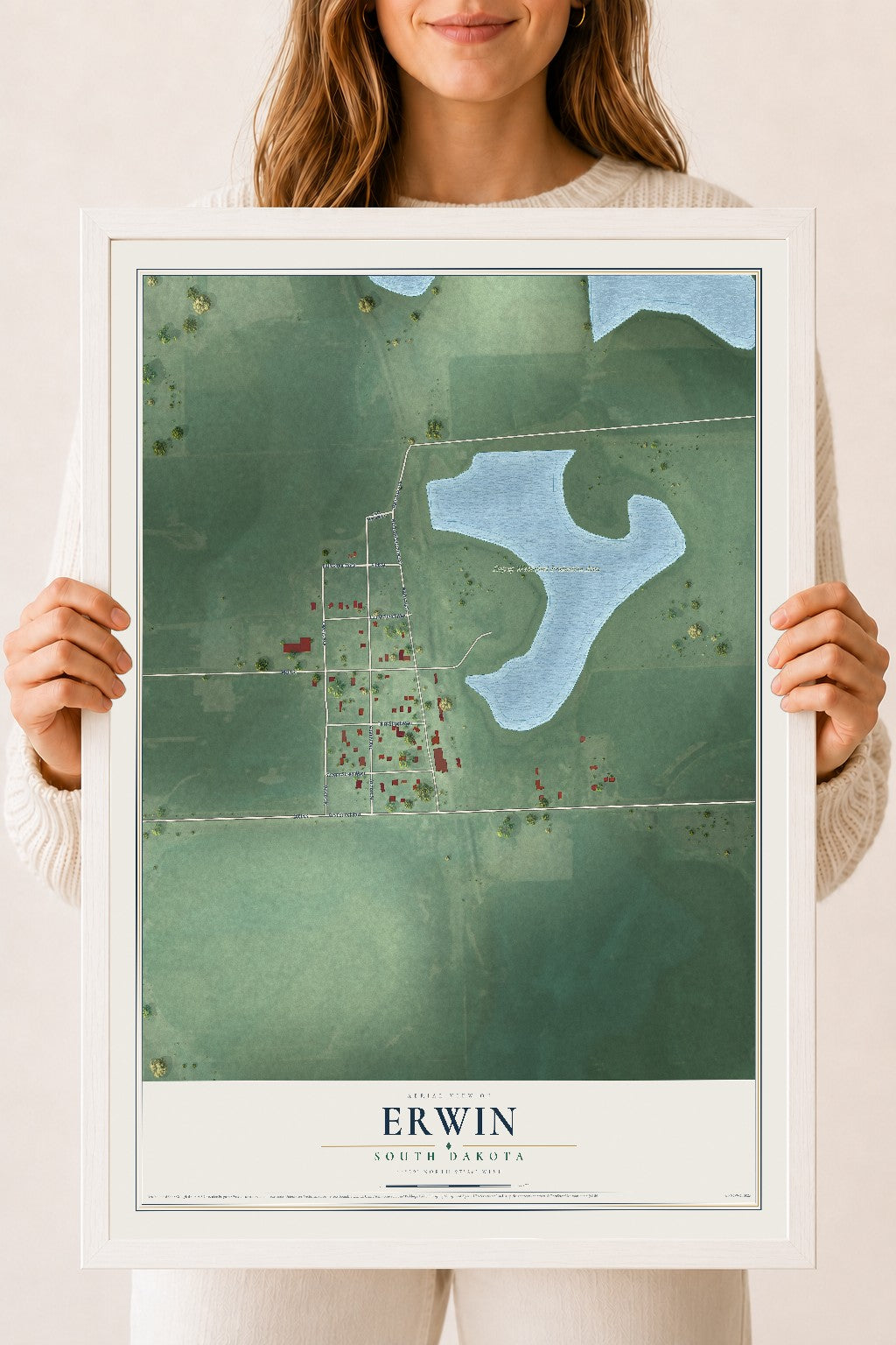 Map of Erwin, South Dakota, 18 x 24 inch print in a white wood frame