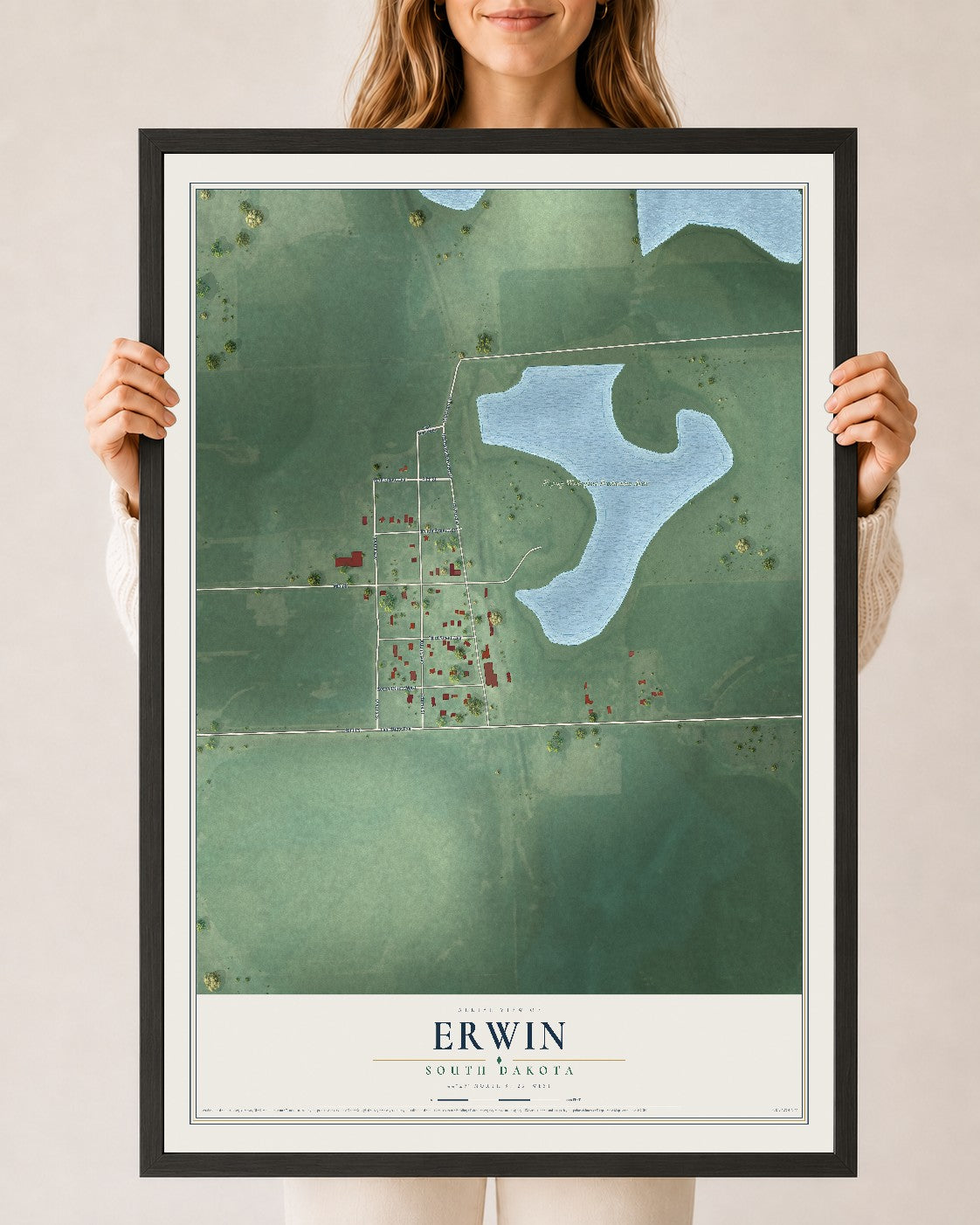 Map of Erwin, South Dakota, 24 x 36 inch print in a black wood frame