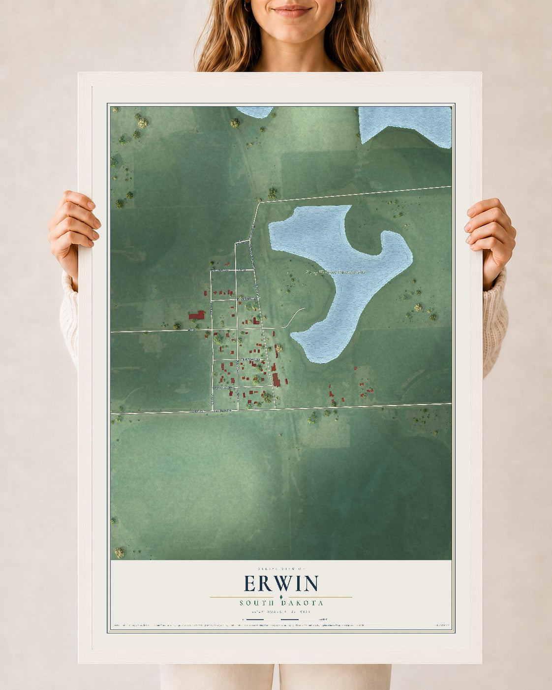 Map of Erwin, South Dakota, 24 x 36 inch print in a white wood frame