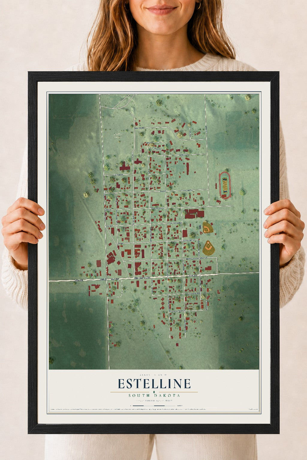 Map of Estelline, South Dakota, 18 x 24 inch print in a black wood frame