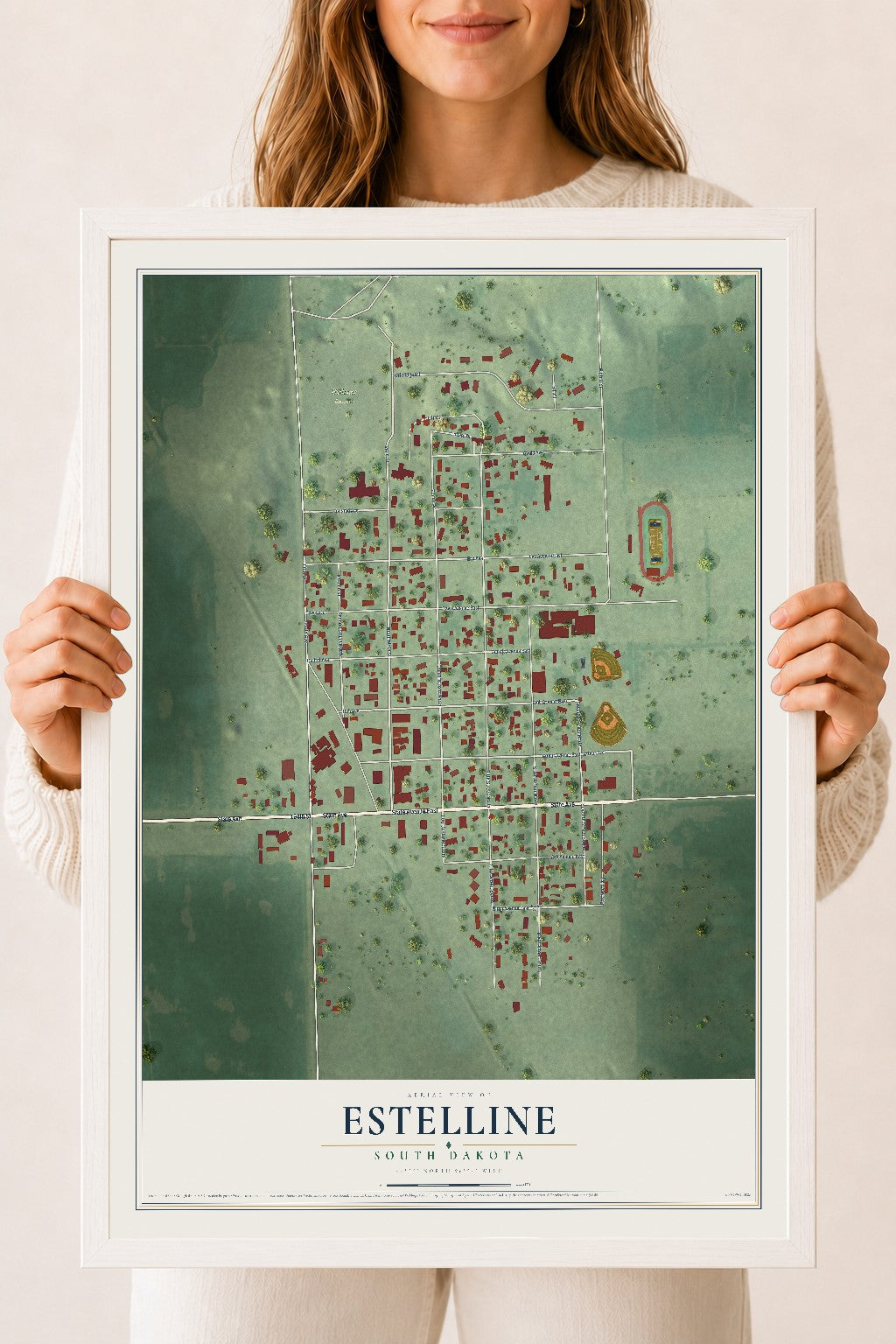 Map of Estelline, South Dakota, 18 x 24 inch print in a white wood frame