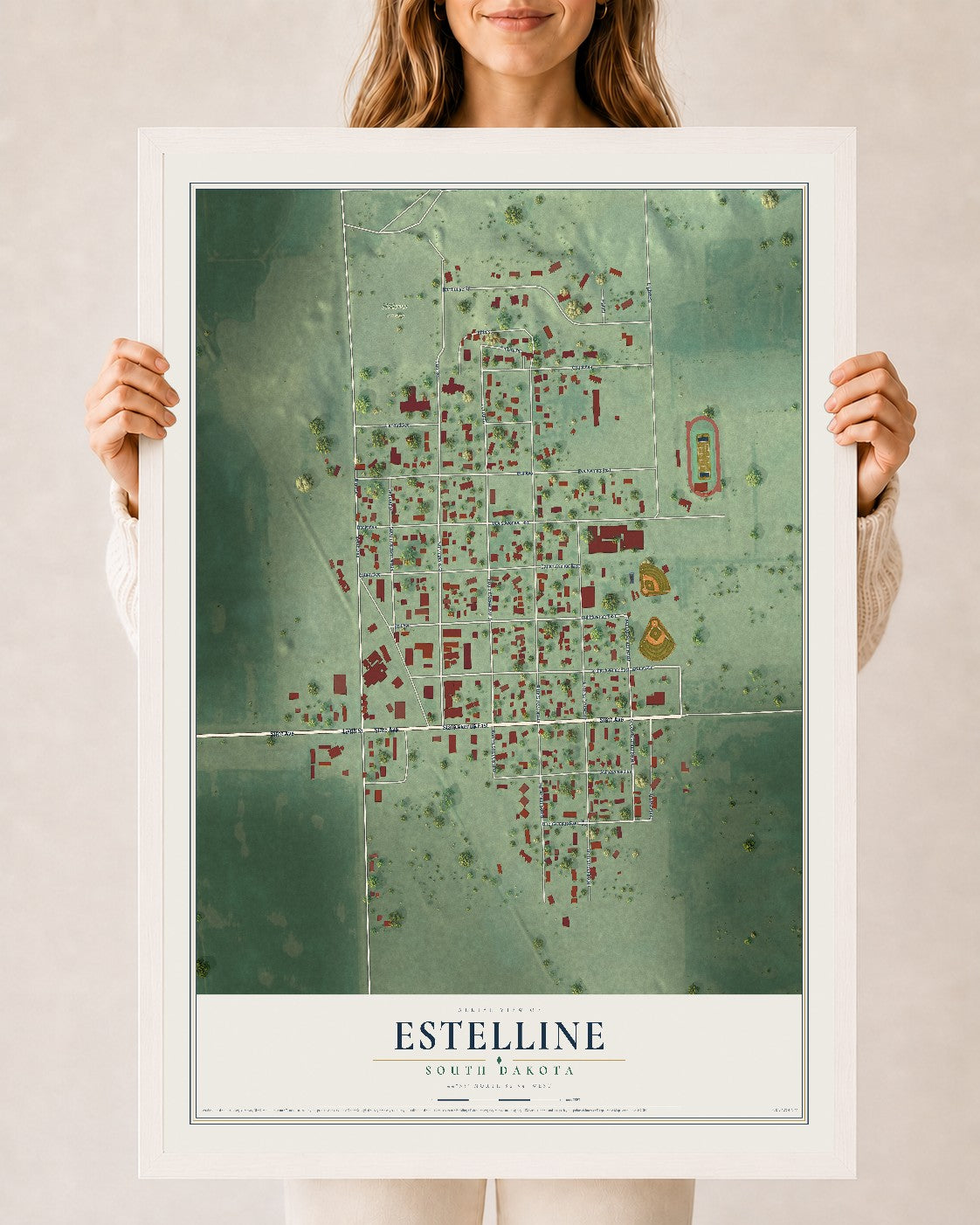 Map of Estelline, South Dakota, 24 x 36 inch print in a white wood frame