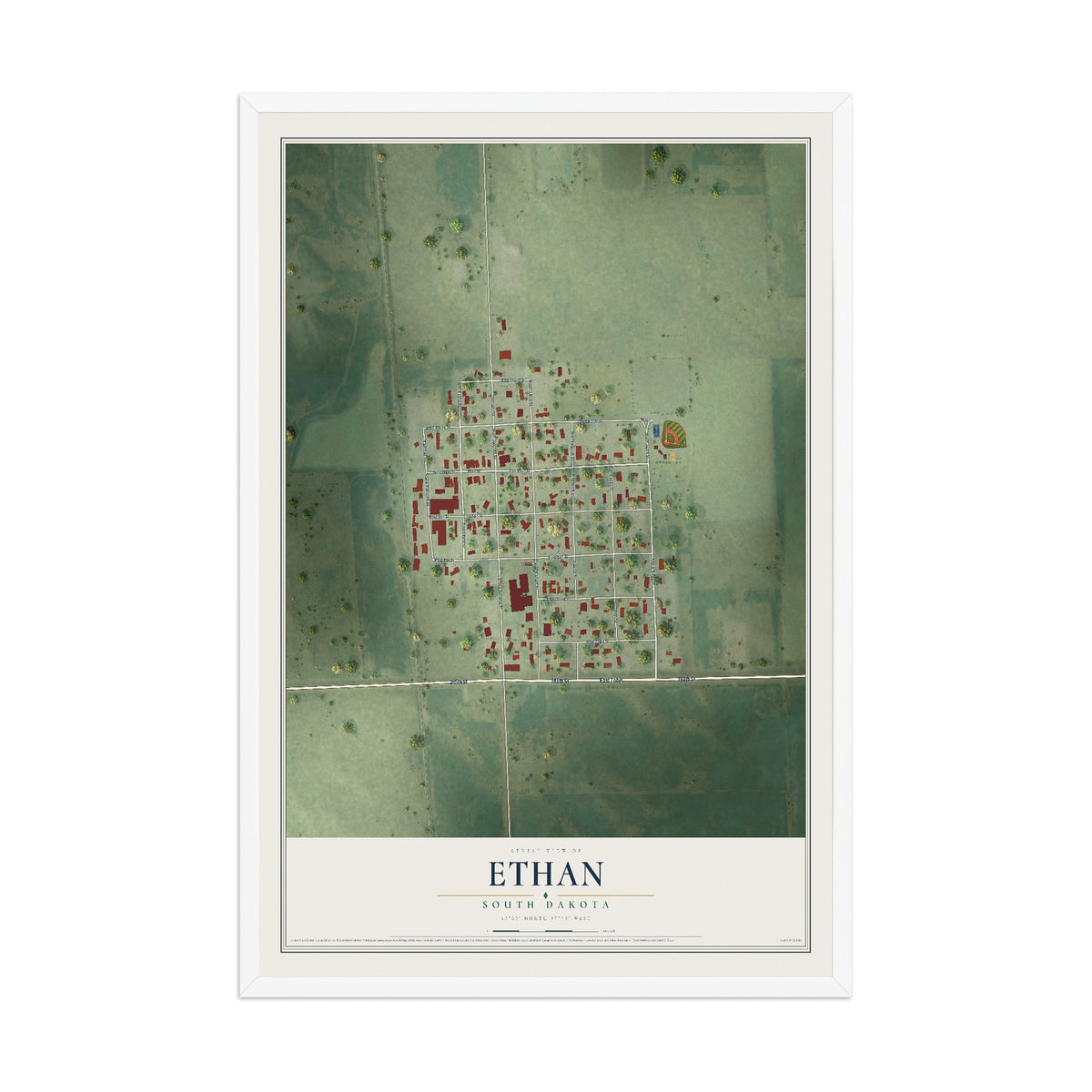 Map of Ethan, South Dakota, 12 x 18 inch print in a white wood frame