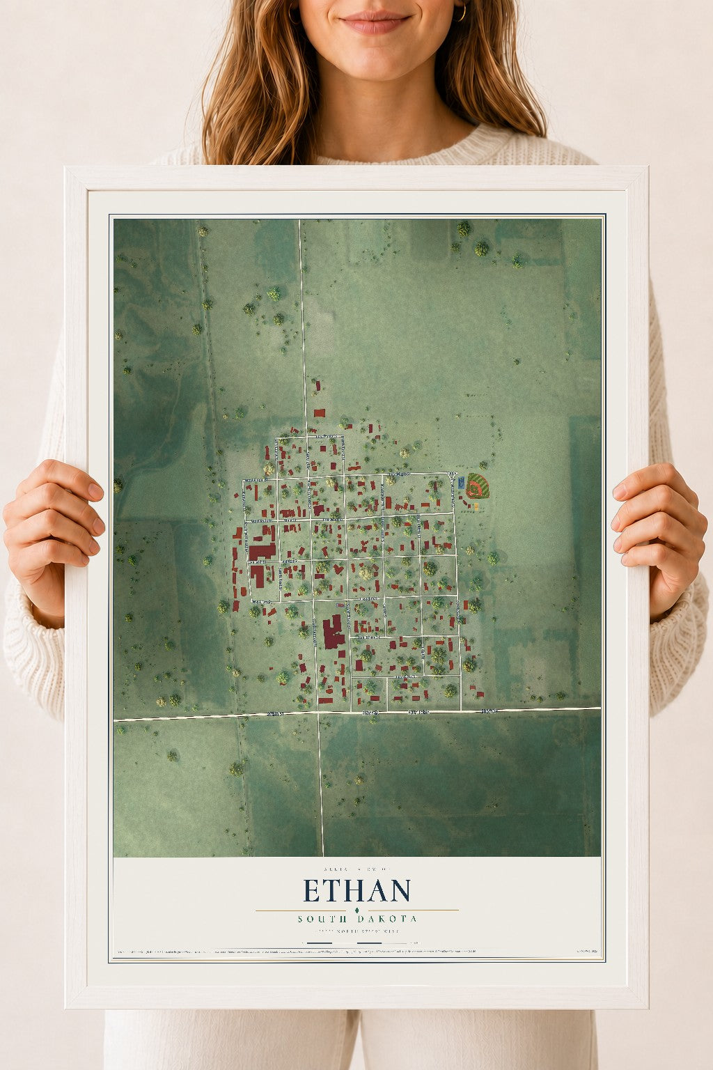 Map of Ethan, South Dakota, 18 x 24 inch print in a white wood frame