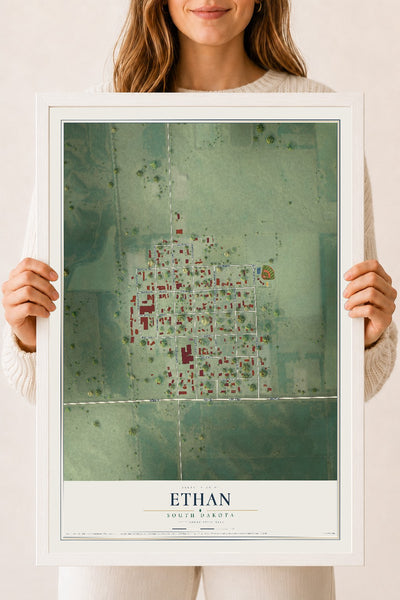 Map of Ethan, South Dakota, 18 x 24 inch print in a white wood frame