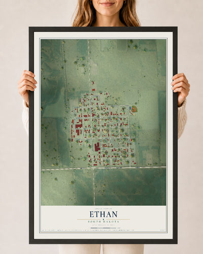 Map of Ethan, South Dakota, 24 x 36 inch print in a black wood frame