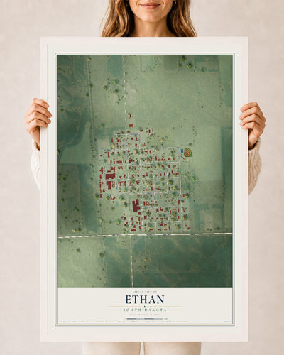 Map of Ethan, South Dakota, 24 x 36 inch print in a white wood frame