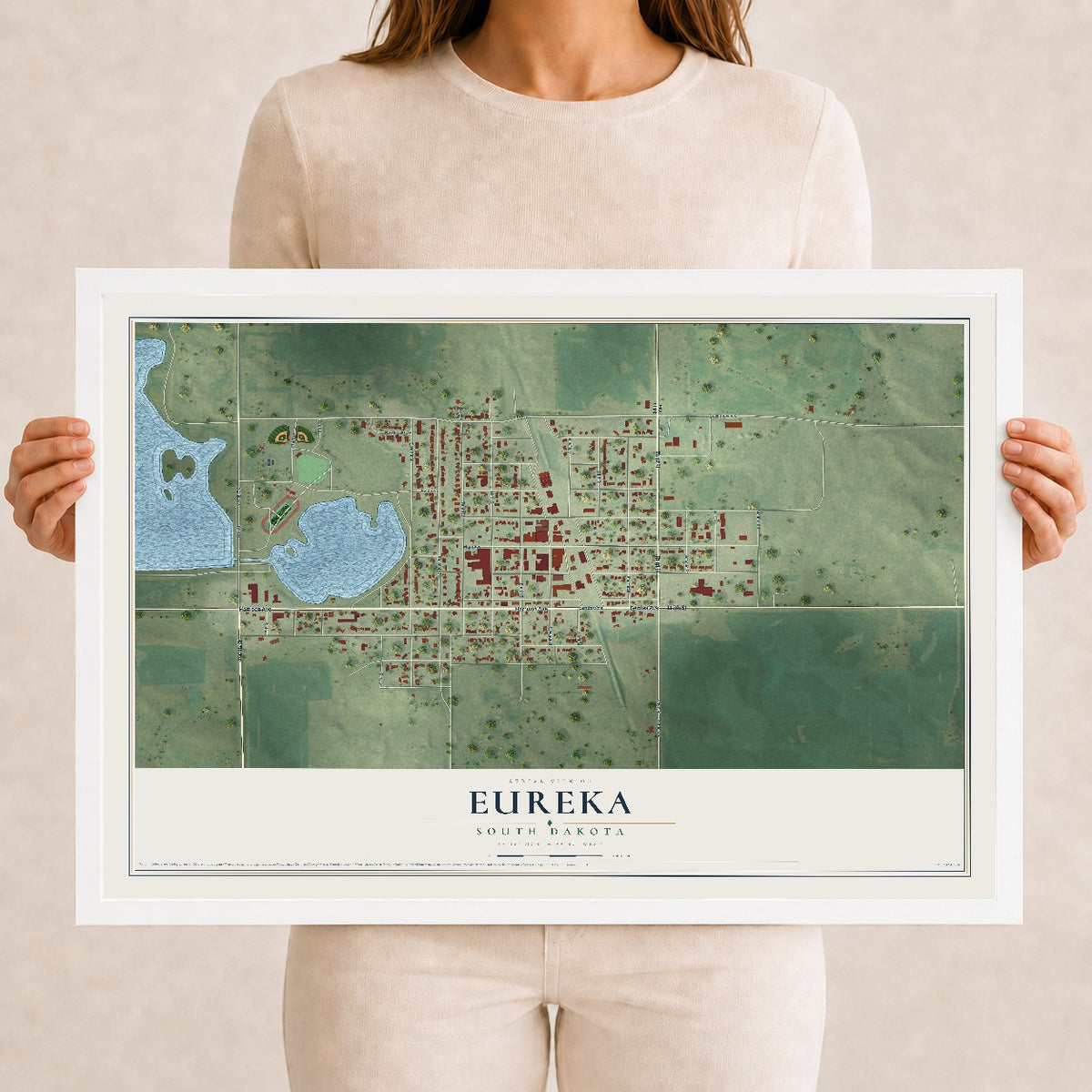 Map of Eureka, South Dakota, 12 x 18 inch print in a white wood frame