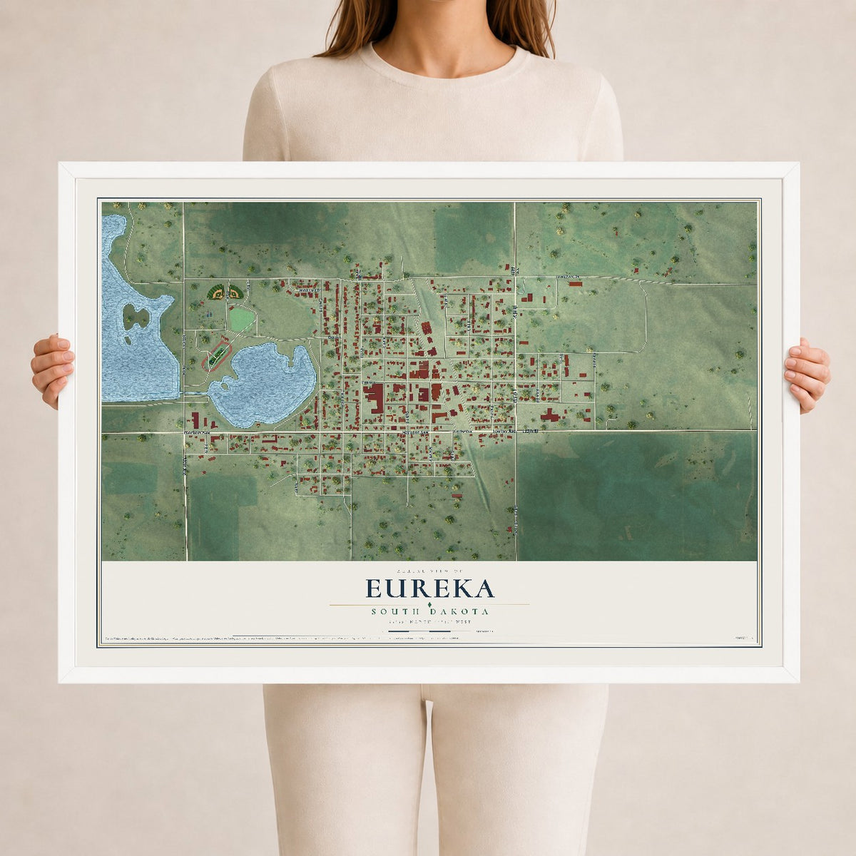 Map of Eureka, South Dakota, 24 x 36 inch print in a white wood frame