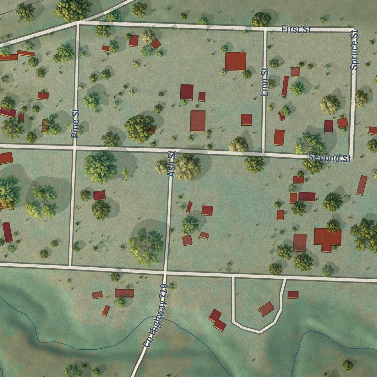 Close-up of the map of Fairburn, South Dakota print showing street and building detail