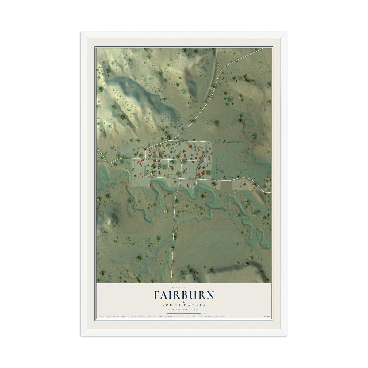 Map of Fairburn, South Dakota, 12 x 18 inch print in a white wood frame