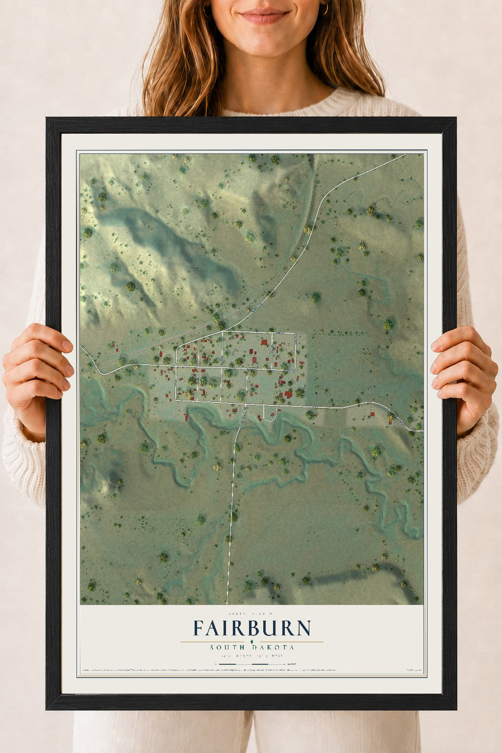Map of Fairburn, South Dakota, 18 x 24 inch print in a black wood frame