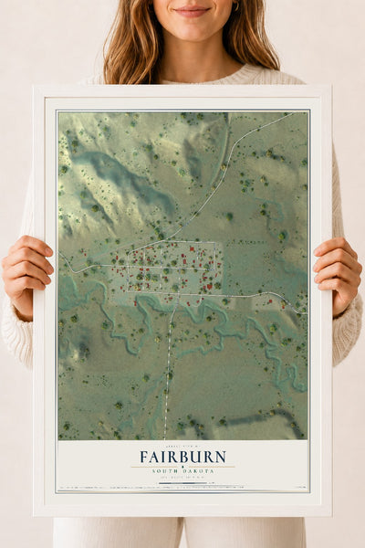 Map of Fairburn, South Dakota, 18 x 24 inch print in a white wood frame
