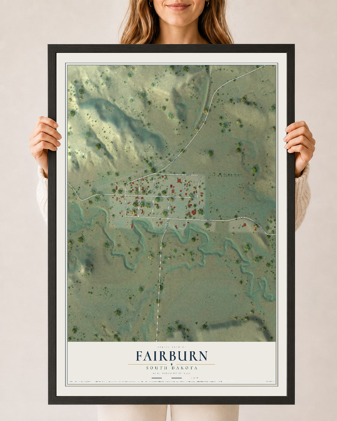 Map of Fairburn, South Dakota, 24 x 36 inch print in a black wood frame