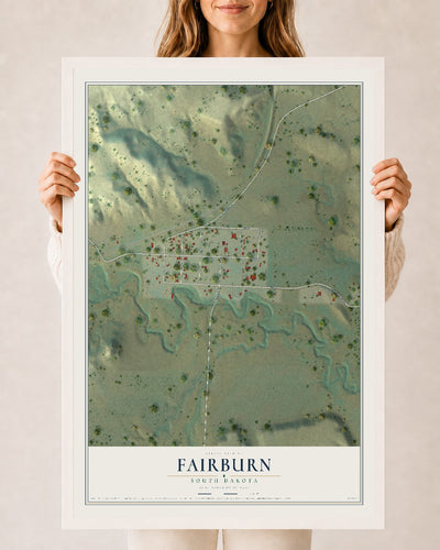 Map of Fairburn, South Dakota, 24 x 36 inch print in a white wood frame