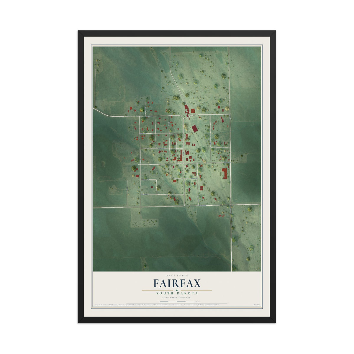 Map of Fairfax, South Dakota, 12 x 18 inch print in a black wood frame