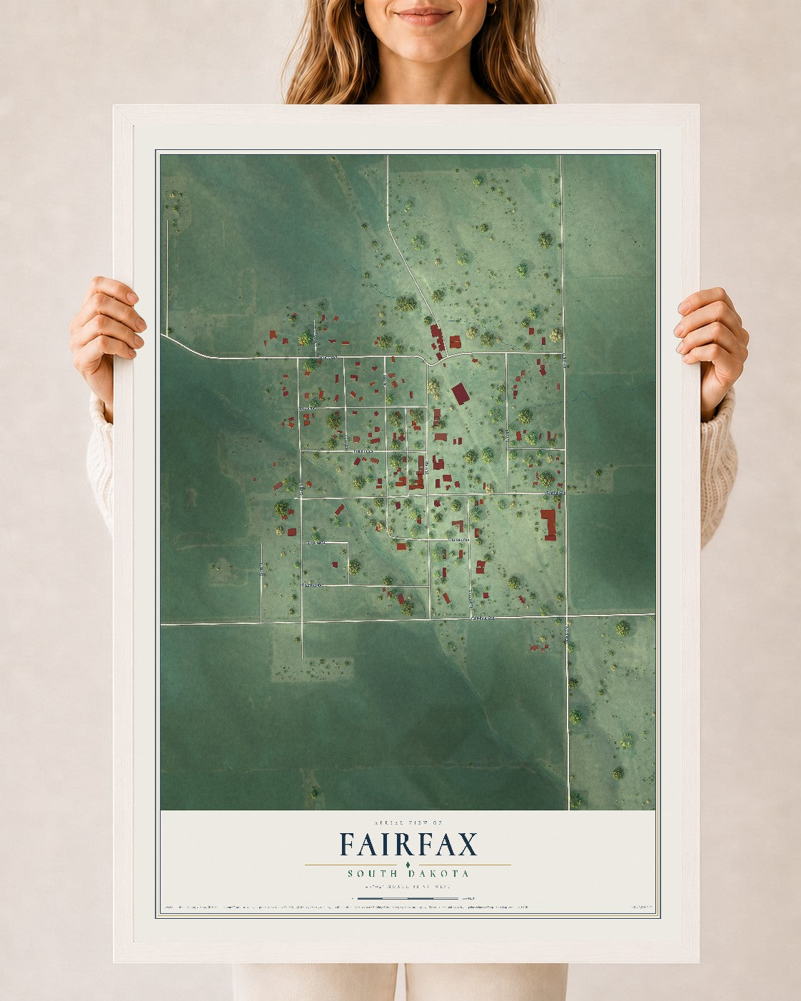 Map of Fairfax, South Dakota, 24 x 36 inch print in a white wood frame