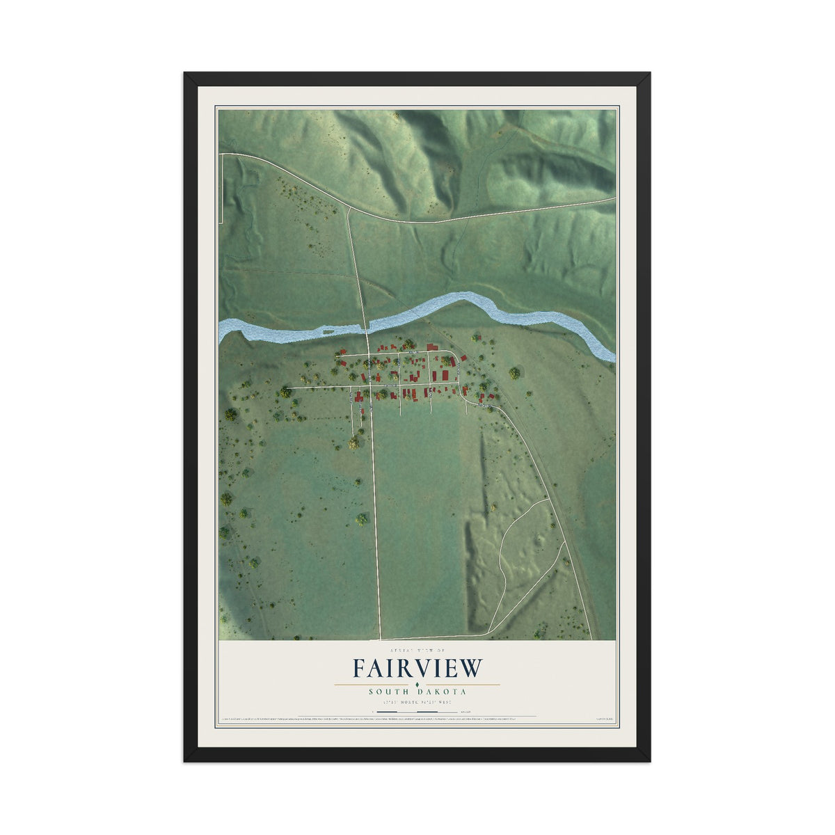 Map of Fairview, South Dakota, 12 x 18 inch print in a black wood frame