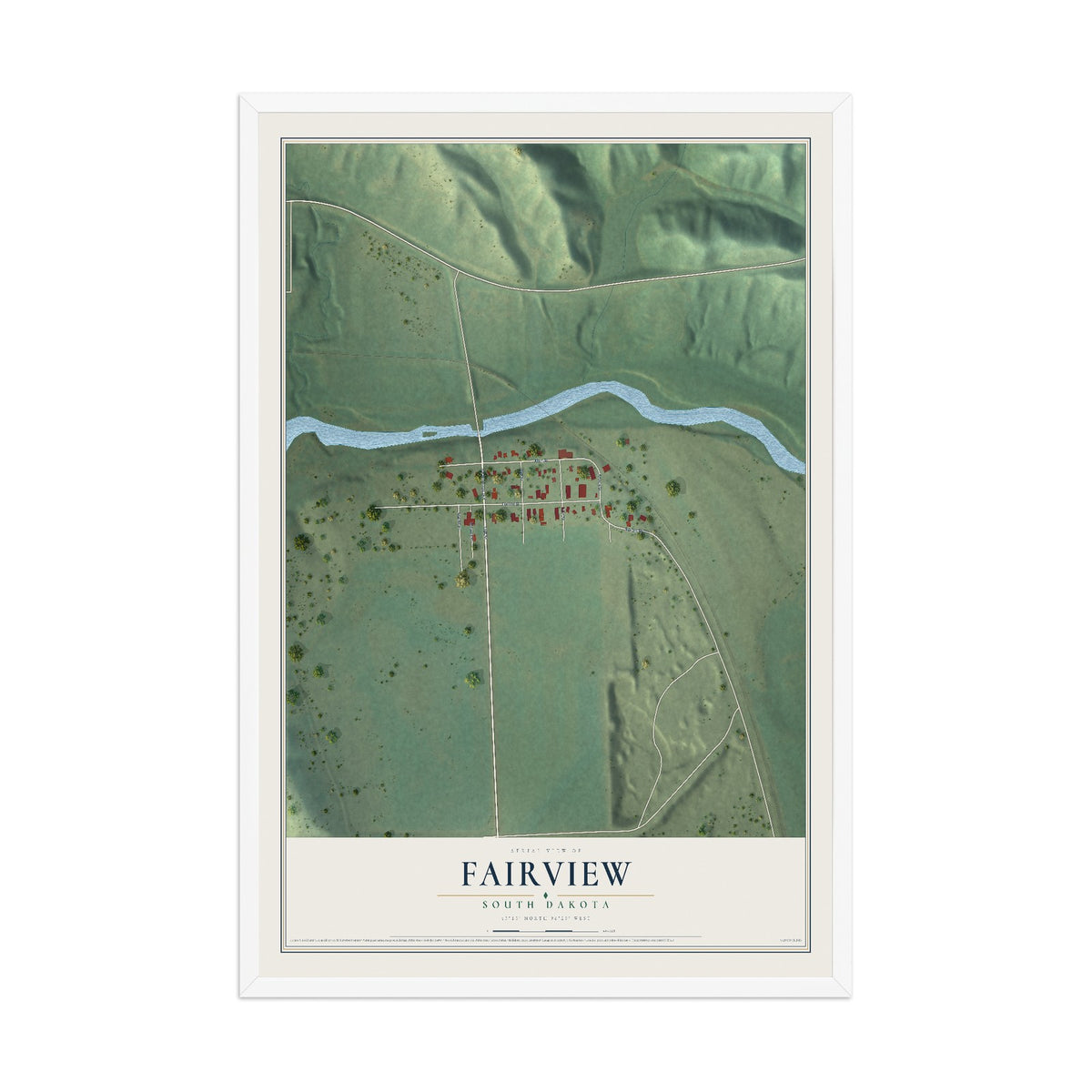 Map of Fairview, South Dakota, 12 x 18 inch print in a white wood frame