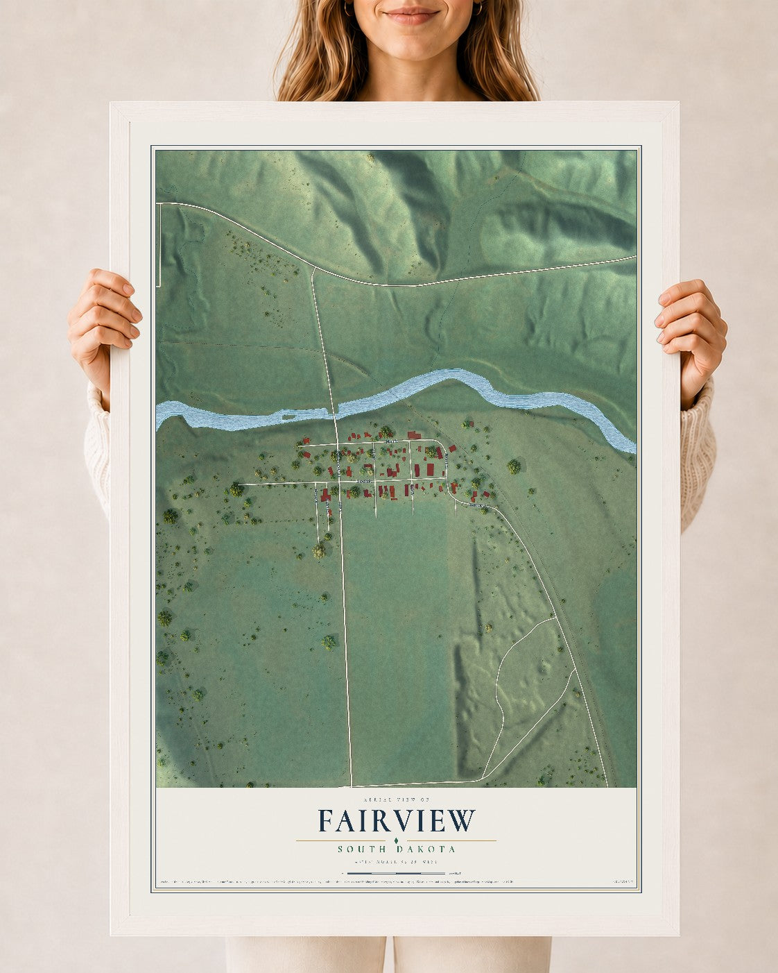 Map of Fairview, South Dakota, 24 x 36 inch print in a white wood frame