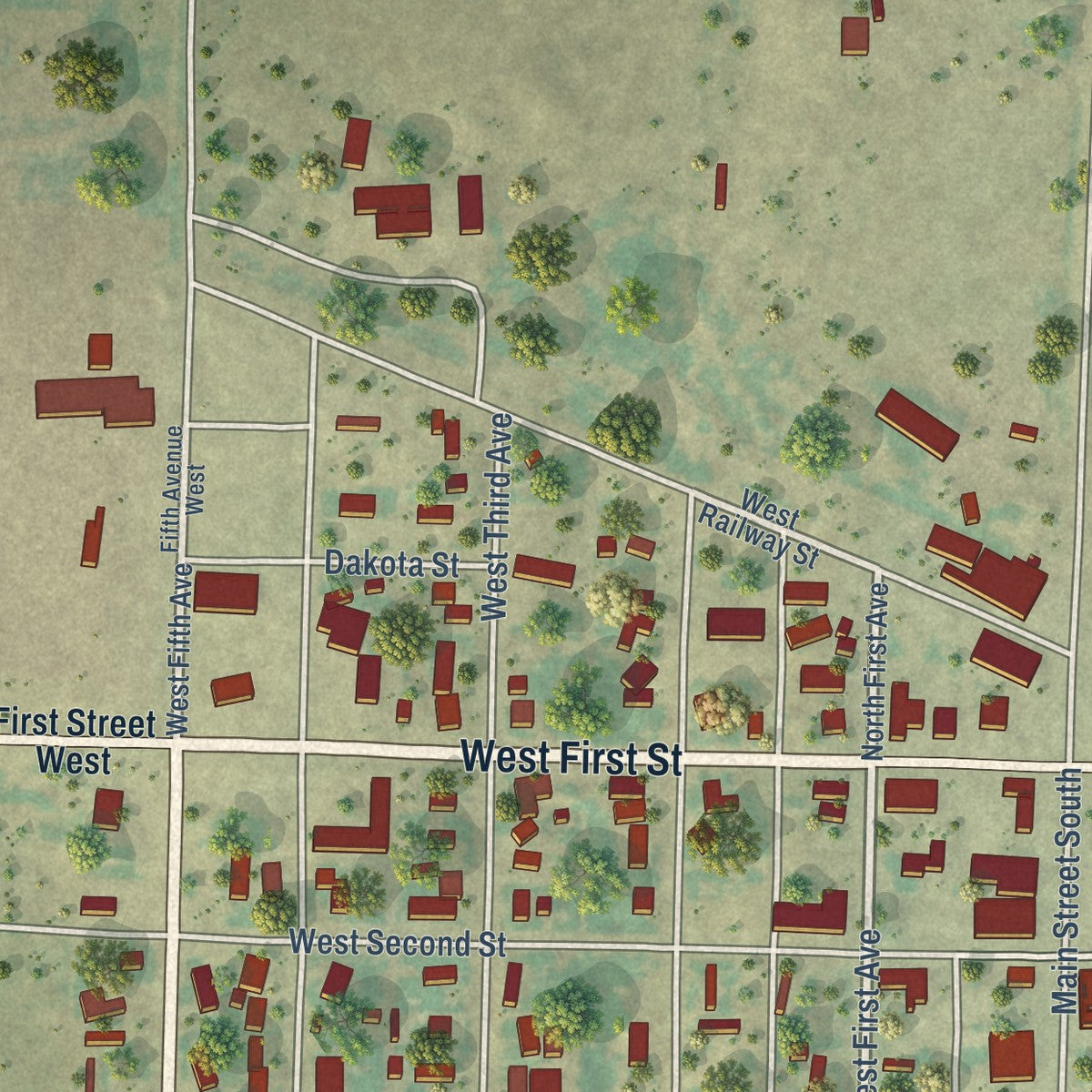 Close-up of the map of Faith, South Dakota print showing street and building detail