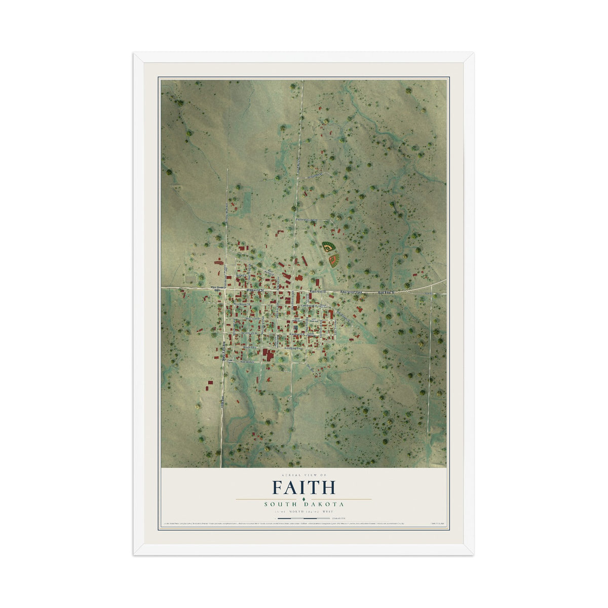 Map of Faith, South Dakota, 12 x 18 inch print in a white wood frame