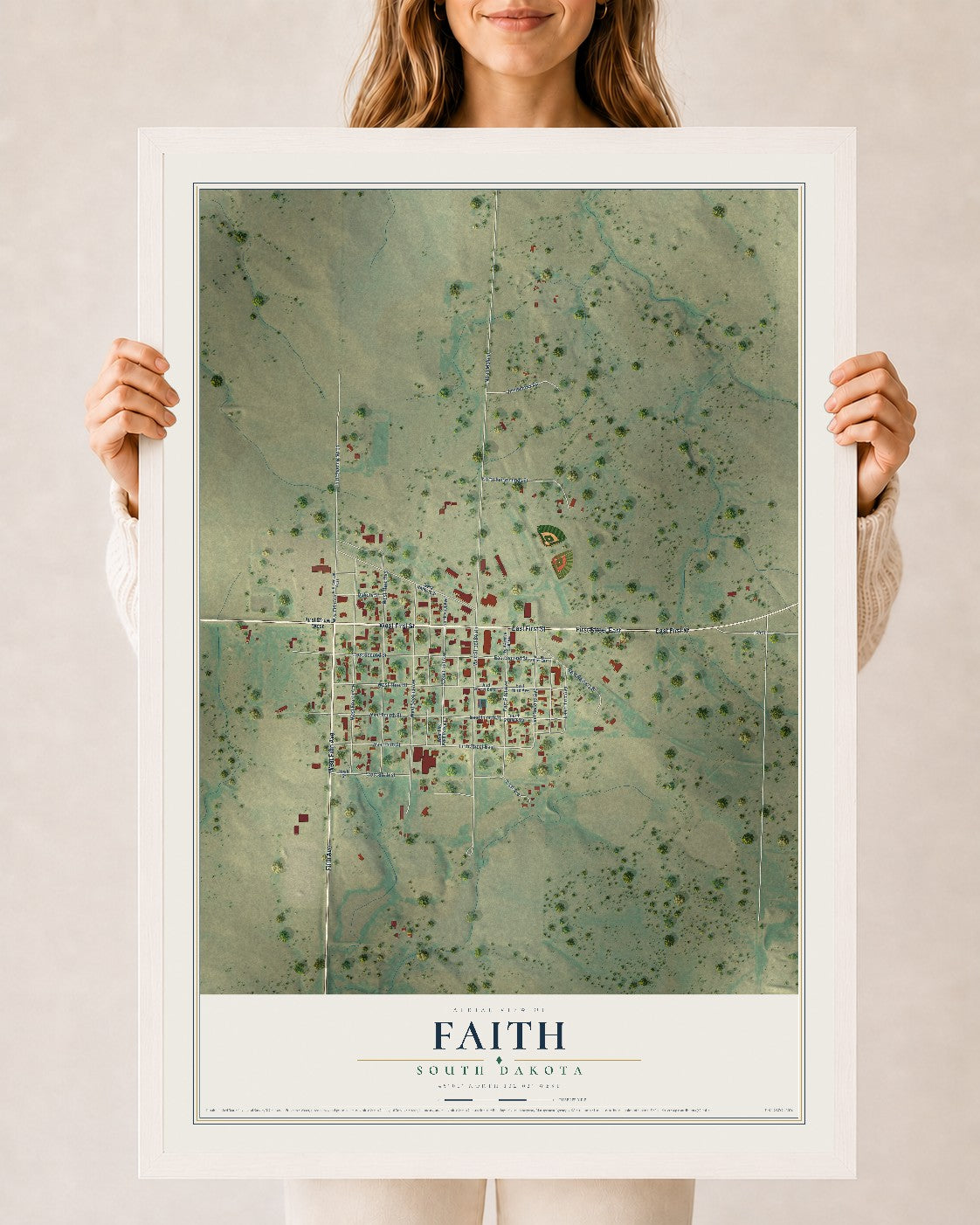 Map of Faith, South Dakota, 24 x 36 inch print in a white wood frame