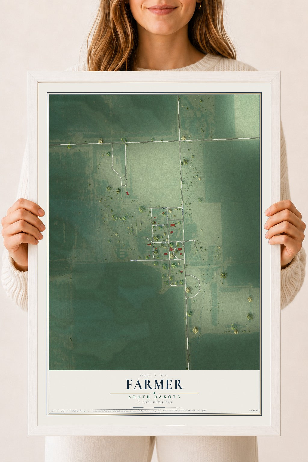 Map of Farmer, South Dakota, 18 x 24 inch print in a white wood frame