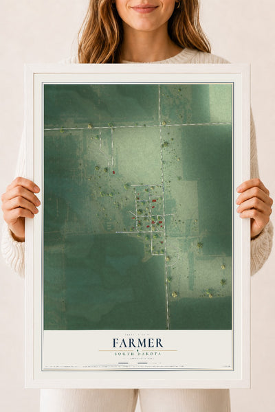 Map of Farmer, South Dakota, 18 x 24 inch print in a white wood frame