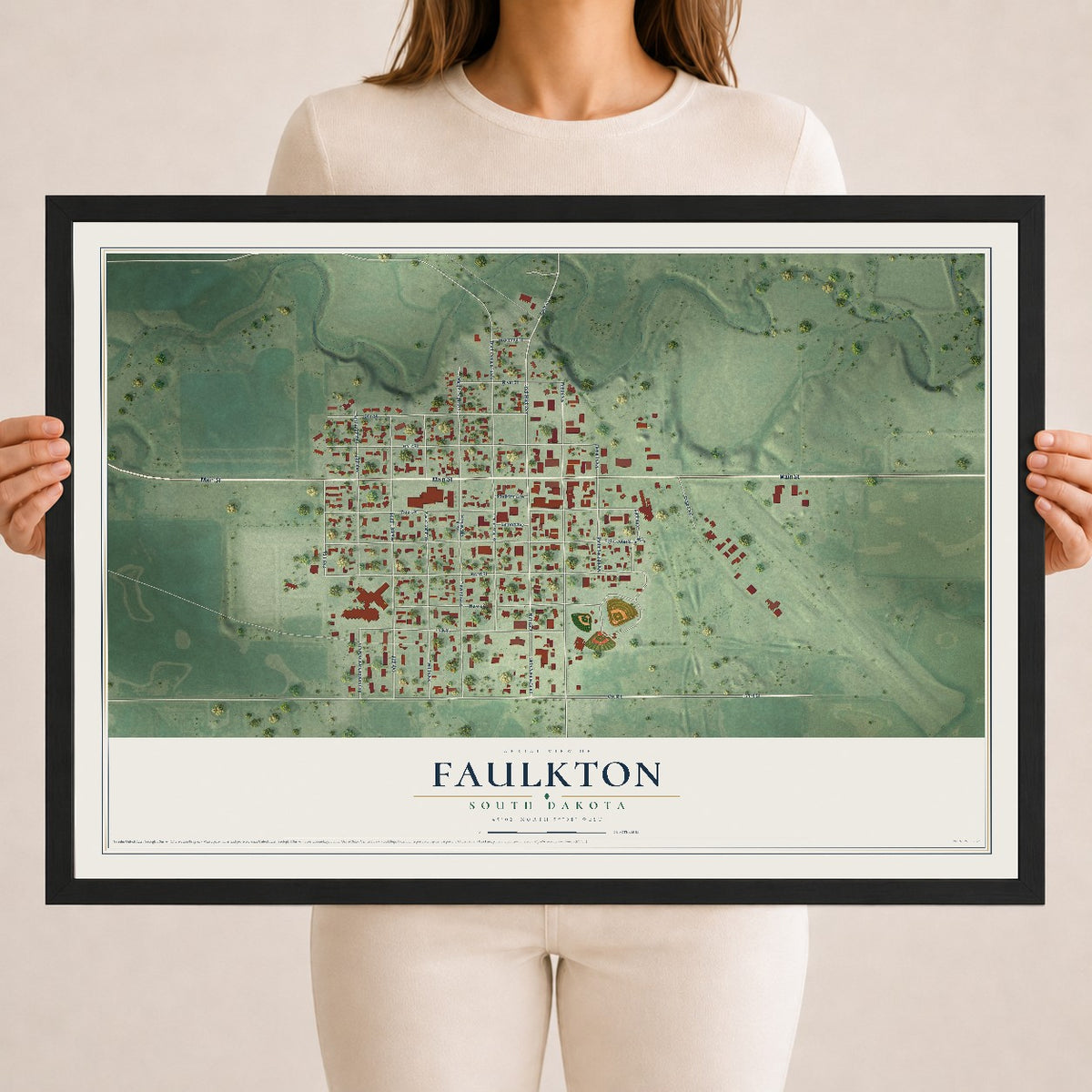 Map of Faulkton, South Dakota, 18 x 24 inch print in a black wood frame