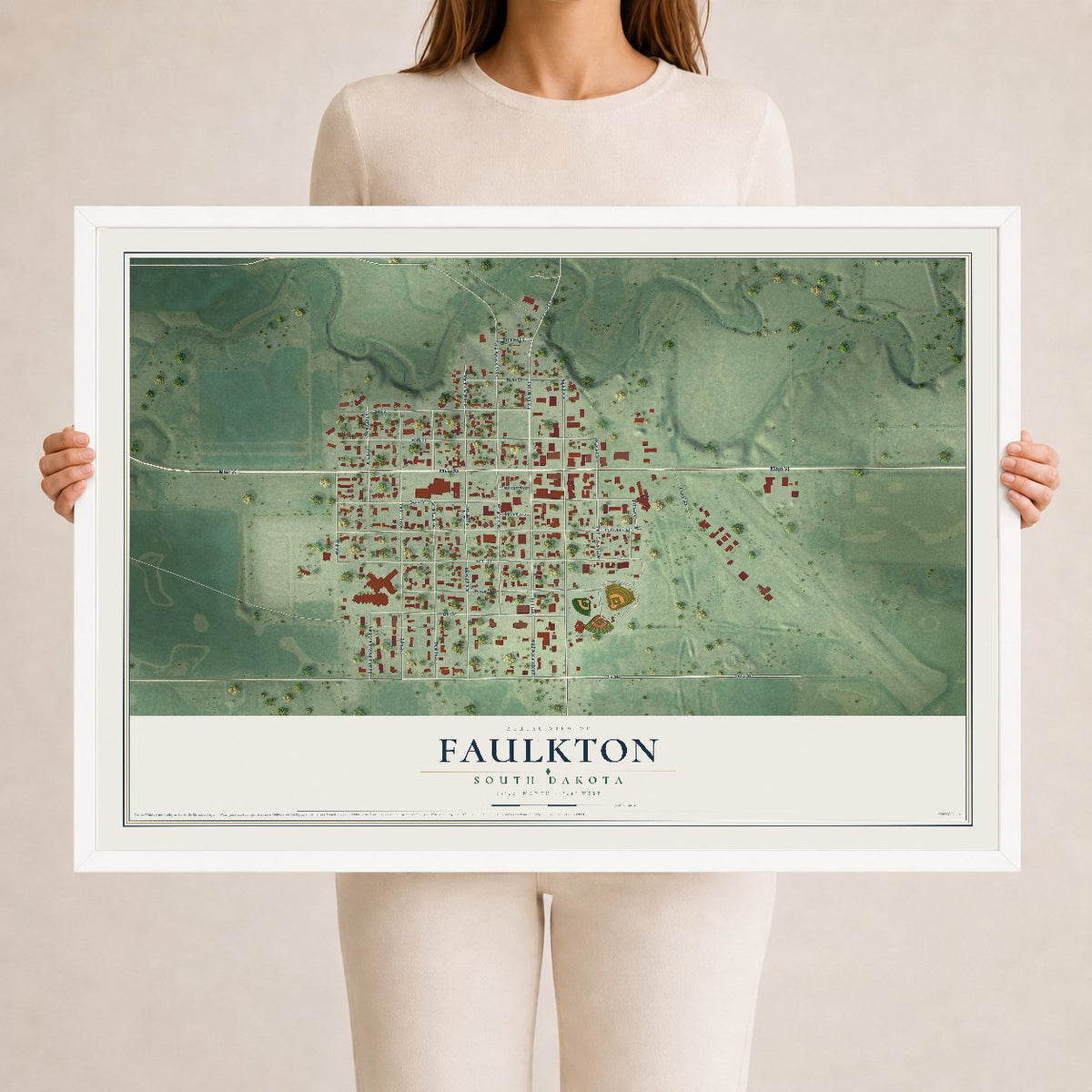 Map of Faulkton, South Dakota, 24 x 36 inch print in a white wood frame