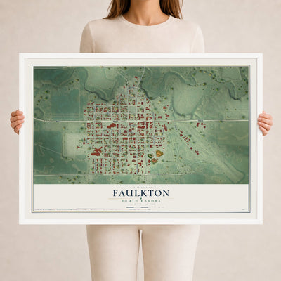 Map of Faulkton, South Dakota, 24 x 36 inch print in a white wood frame