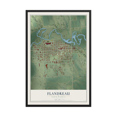 Map of Flandreau, South Dakota, 12 x 18 inch print in a black wood frame