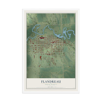 Map of Flandreau, South Dakota, 12 x 18 inch print in a white wood frame