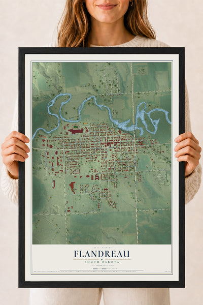 Map of Flandreau, South Dakota, 18 x 24 inch print in a black wood frame