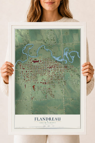 Map of Flandreau, South Dakota, 18 x 24 inch print in a white wood frame