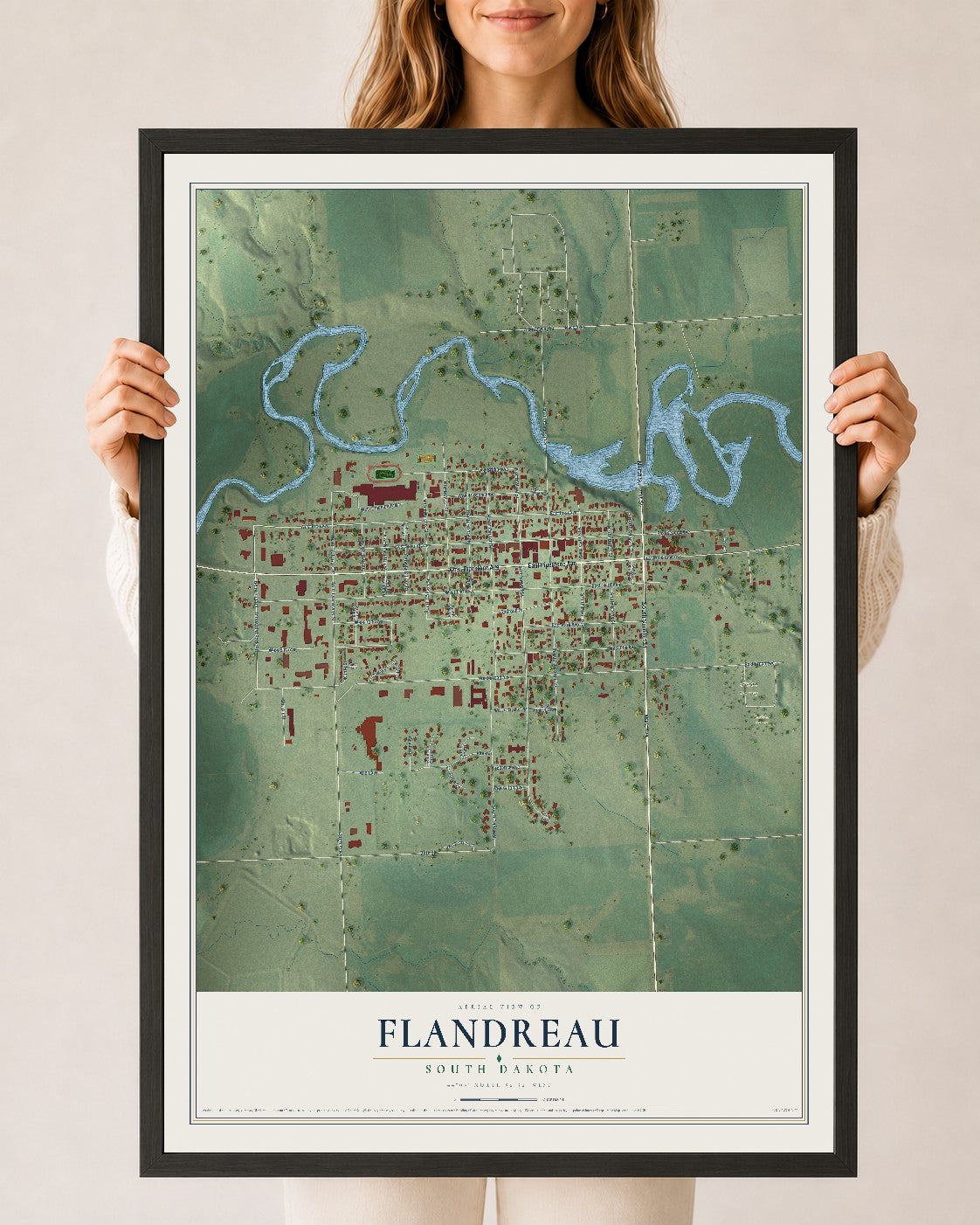 Map of Flandreau, South Dakota, 24 x 36 inch print in a black wood frame
