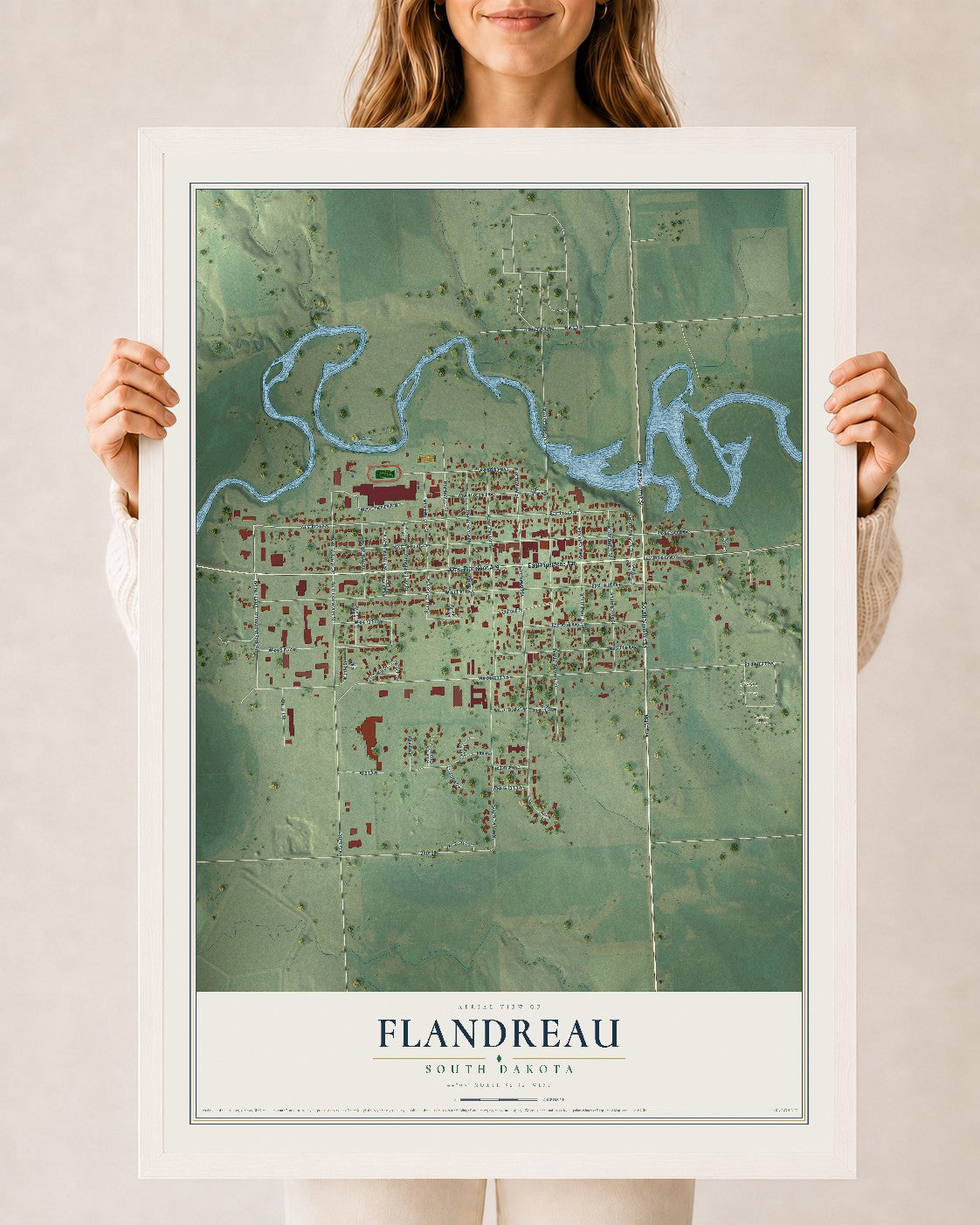 Map of Flandreau, South Dakota, 24 x 36 inch print in a white wood frame