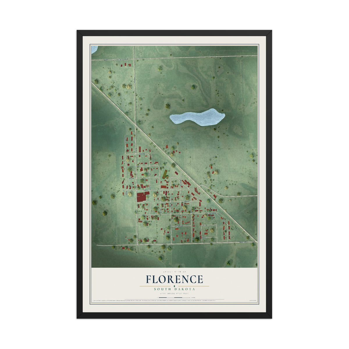 Map of Florence, South Dakota, 12 x 18 inch print in a black wood frame