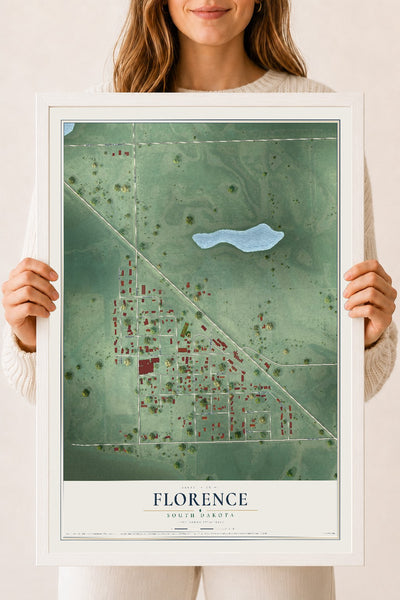 Map of Florence, South Dakota, 18 x 24 inch print in a white wood frame