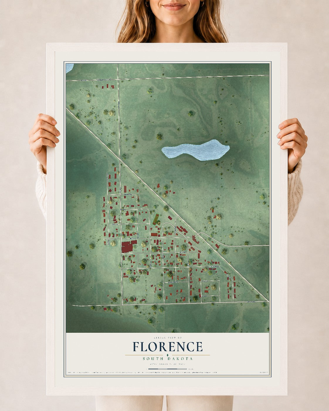 Map of Florence, South Dakota, 24 x 36 inch print in a white wood frame