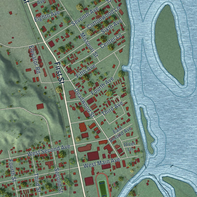 Close-up of the map of Fort Pierre, South Dakota print showing street and building detail